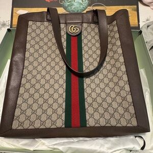 Gucci Beige and Brown Tote with Red and Green Stripe